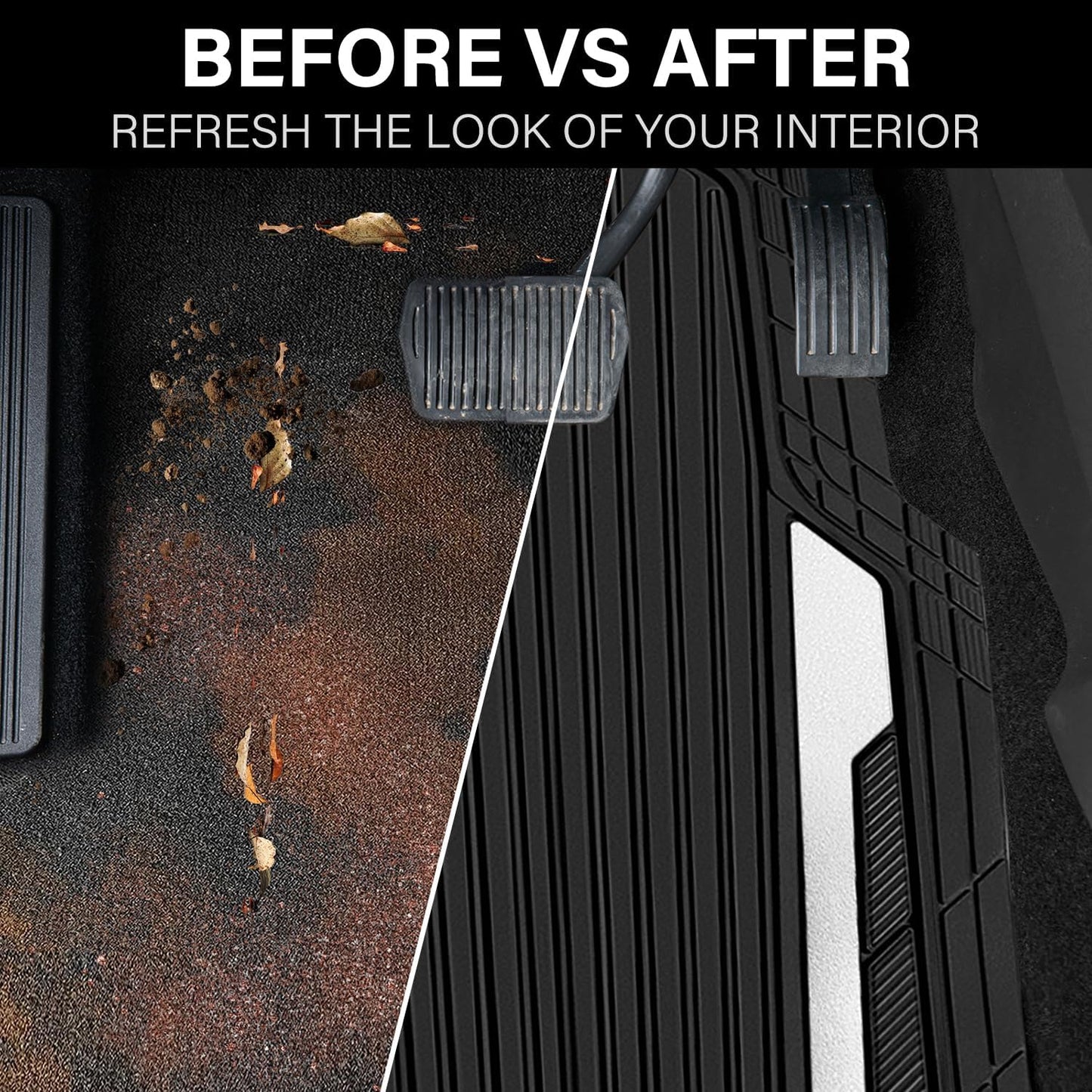 CAR PASS Heavy Duty Rubber Car Mats Metallic,Aluminum Film All Weather Floor Mats Waterproof Universal Trim to Fit SUVs Sedans Vans 4 Piece Anodized Deep Dish Two-Tone Sporty Black White Chrome