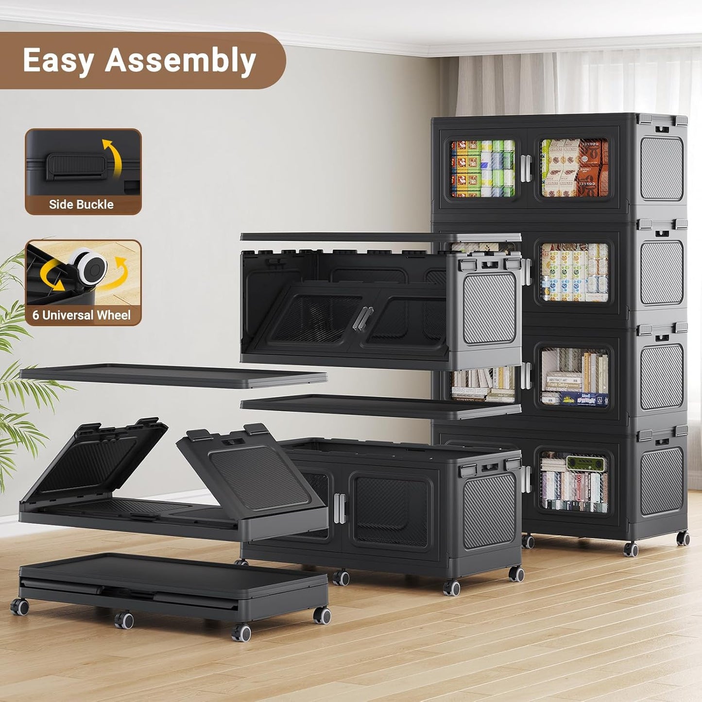 660 Qt Stackable Storage Bin with Lids, 165Gal Extra Large Collapsible Storage Boxes, Folding Plastic Drawer, Heavy-Duty Store Cabinet, Closet Organizer for Home Kitchen, 3 Pack Black