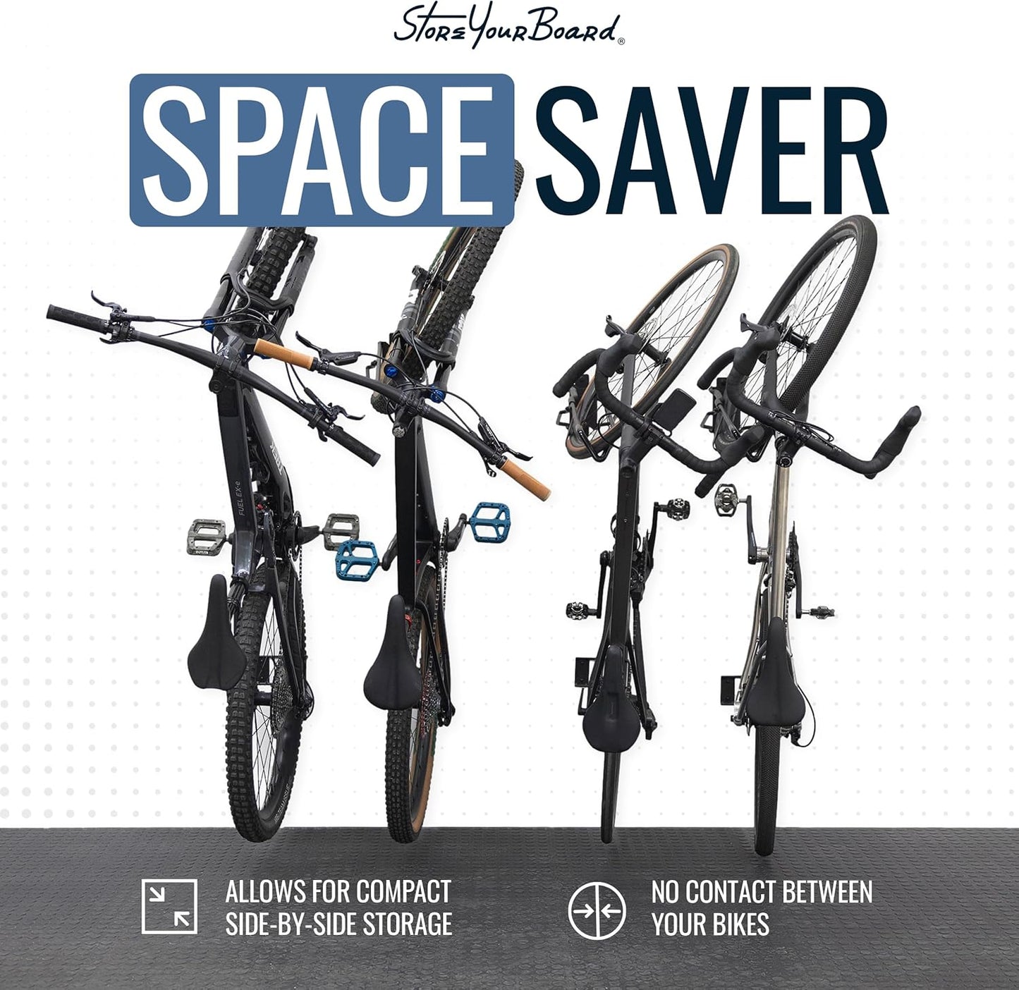 StoreYourBoard SwivelStow Mountain Bike Storage Rack 4 Pack – Heavy Duty Bike Hanger, No-Lift Bike Wall Mount for Garage Bike Storage, MTB and E-Bike, Holds 70 lbs, Patent-Pending