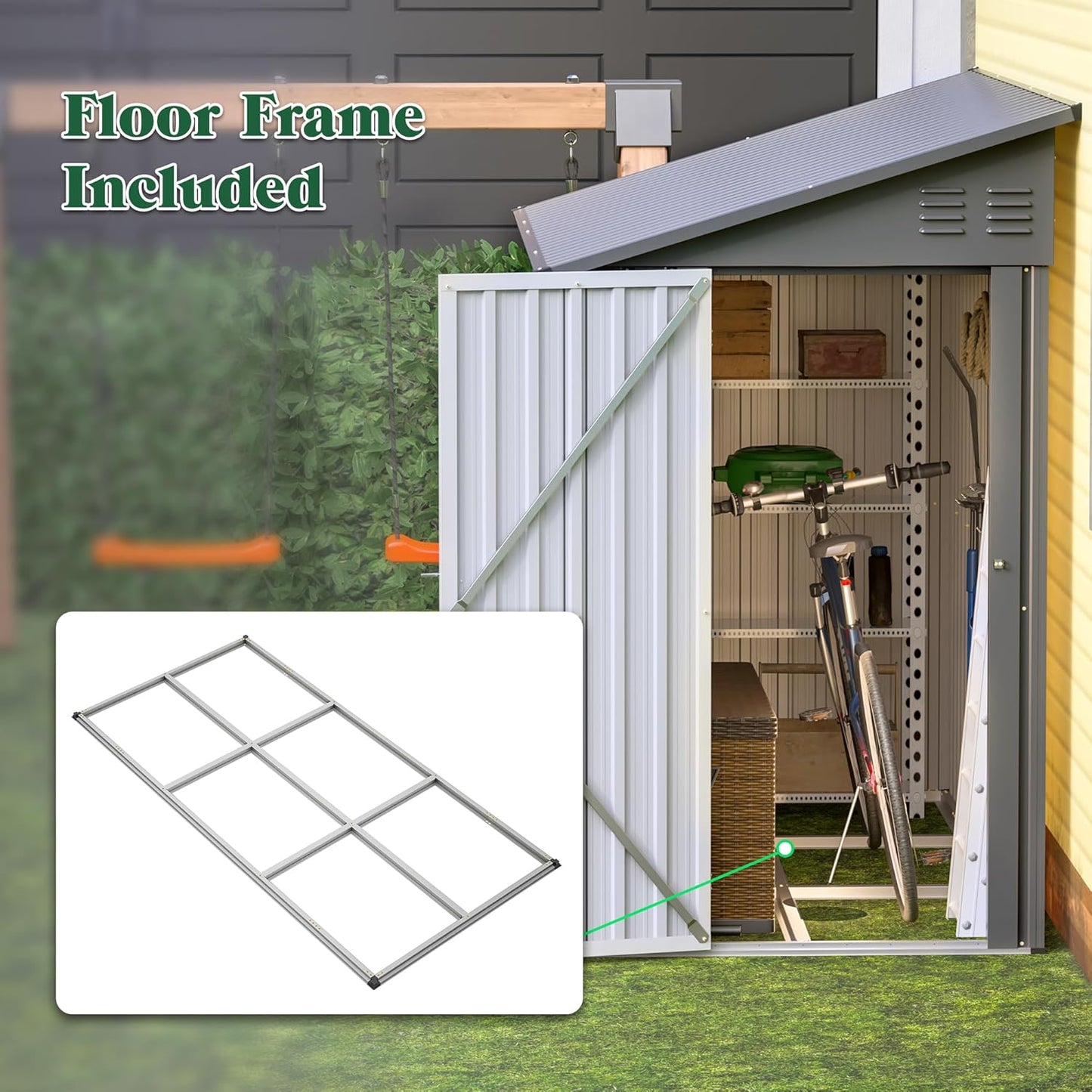 Storage Shed 4 * 8 FT Lean to Shed Metal Sheds & Outdoor Storage Cabinet Lockable Tool Organization Bike Mower Shed Portable Outside for Garden Patio, Grey