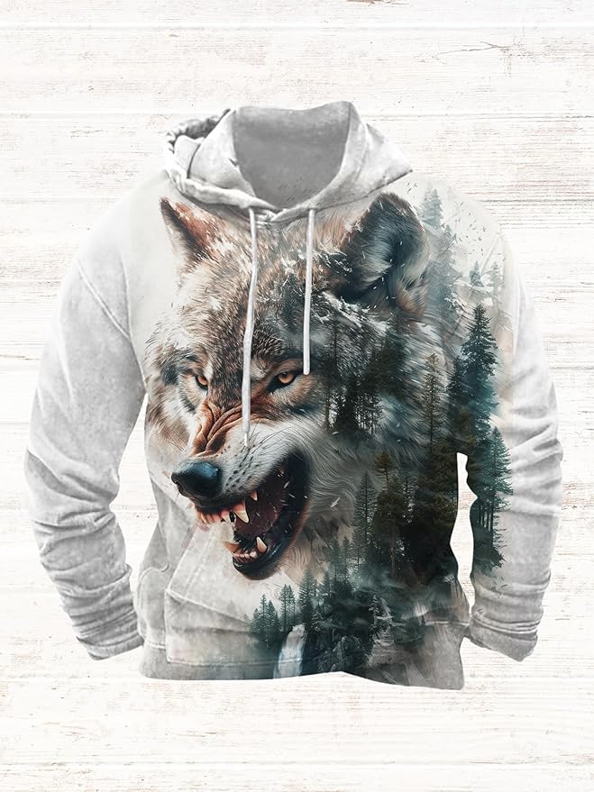 Mens Animal Print Graphic Hoodies Casual Long Sleeve Japanese Art Style Hooded Sweatshirt Lightweight Pullover Tops