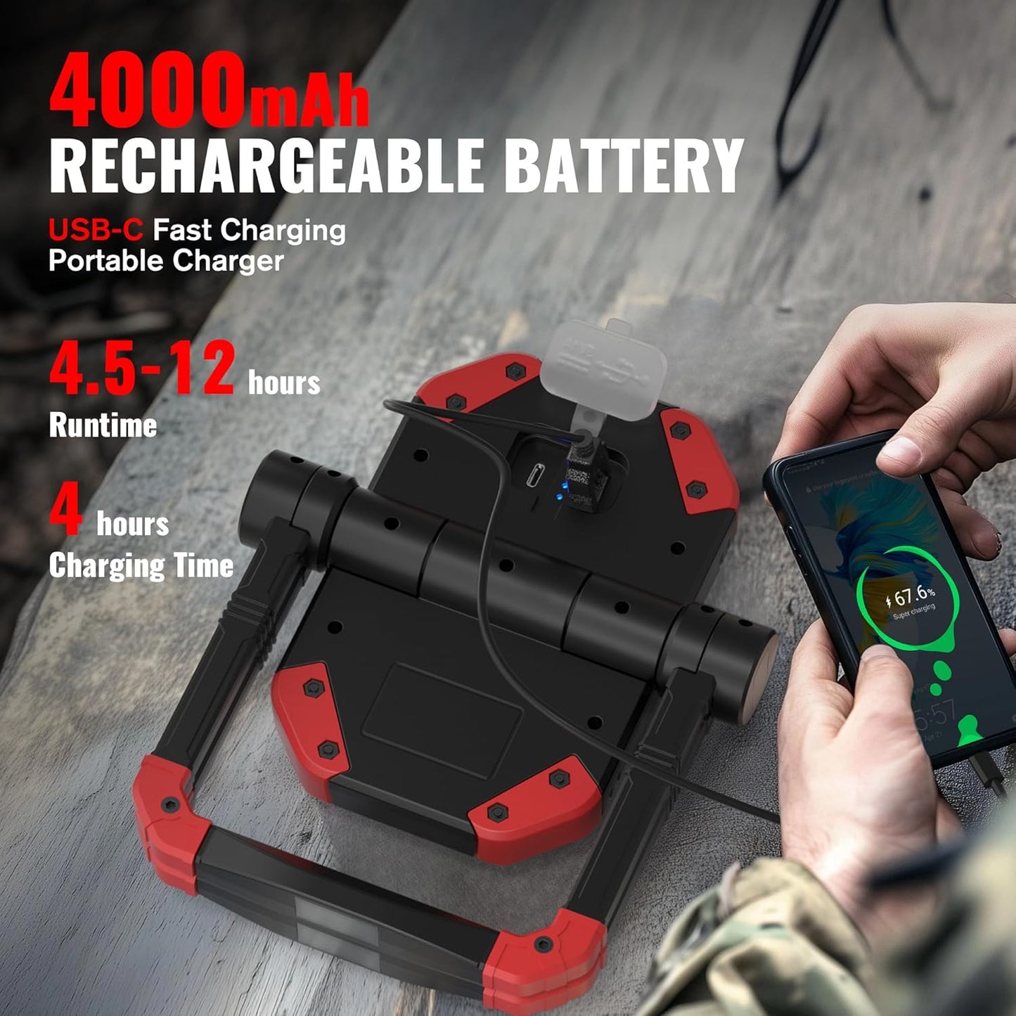 Adelante 2Pack Rechargeable LED Work Light with Magnetic Bases, 2500LM 6500K 12 Hours Long Lasting, Mobile Charger, 360°Rotating Stand Waterproof USB Portable Flood Light for Mechanics, Repairing