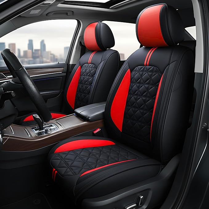 OASIS AUTO Car Seat Covers Full Set Premium Waterproof Faux Leather Cushion Universal Accessories Fit SUV Truck Sedan Automotive Vehicle Auto Interior Protector (OS010-Black&Red)