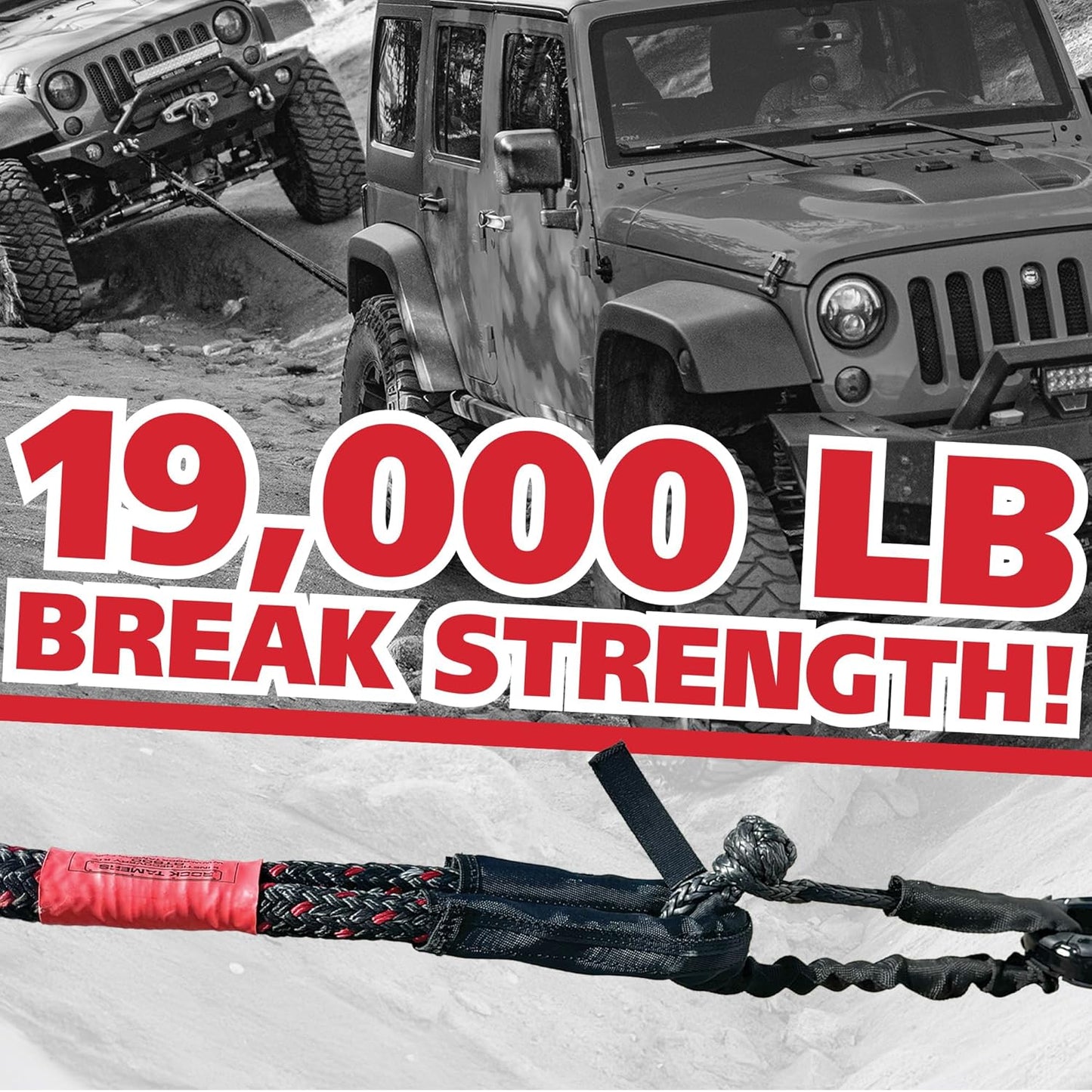 Rock Tamers Kinetic Recovery Rope Kit - Heavy Duty Tow Strap - 3/4" x 30' Kinetic Tow Rope with High-Visibility Reflective Weave - 19,000 lb Break Strength for Vehicle Recovery