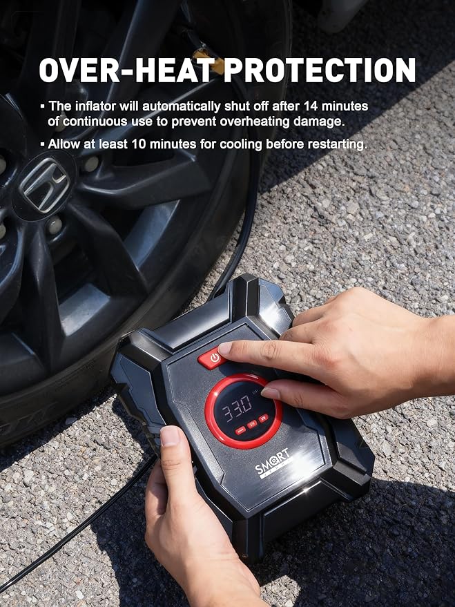 SMART JERRY - 12V Tire Inflator for Car | Digital Tire Inflator Portable Air Compressor for Truck | w/Auto Shut-Off & LED Light & Pressure Gauge | Max 100 PSI Compact Design