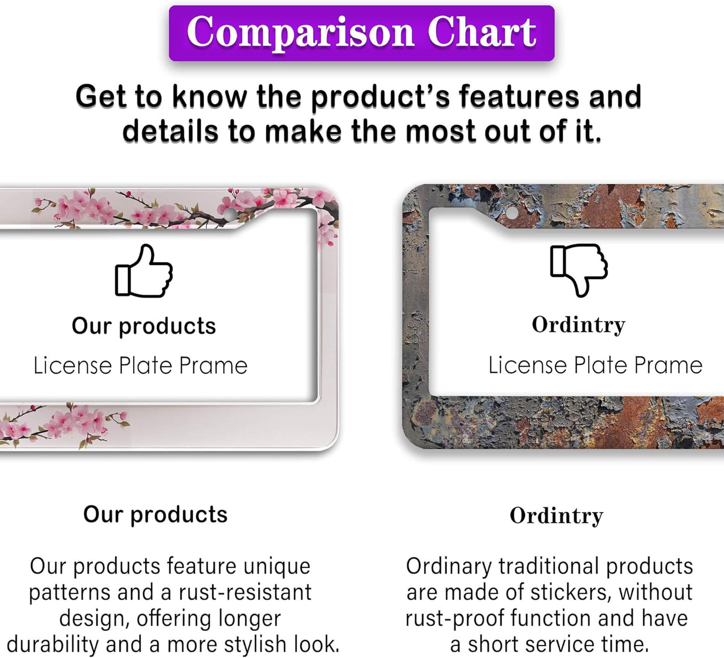 License Plate Frames for Men Powder License Plate Frame for Women Beautiful Cherry Blossom Aluminum Metal Car Accessory 2 Pack with Screw Covers Set