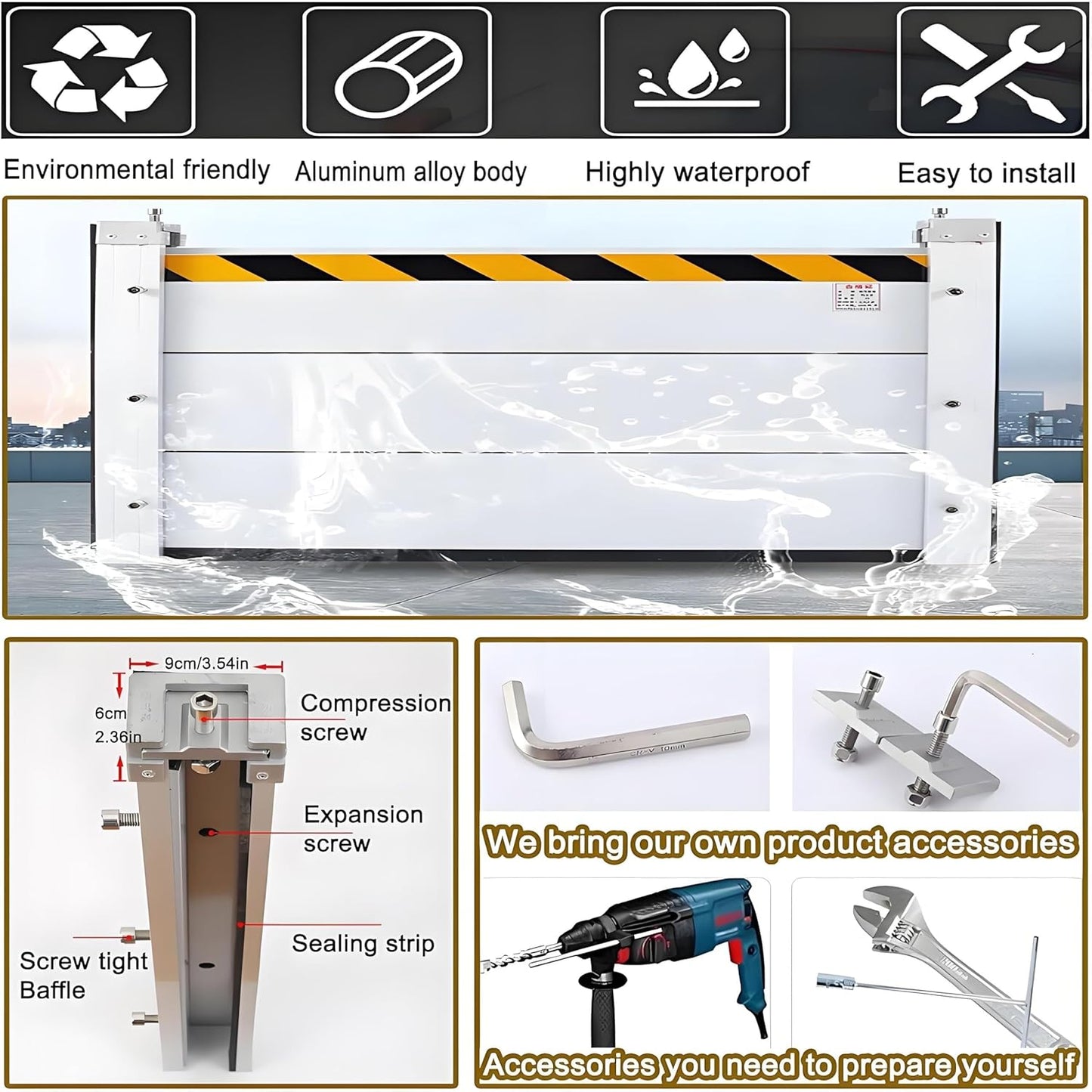 Flood Barriers for Home Exterior,Aluminum Alloy Outdoor Garage Doors Water Barriers for Flooding(H15.7Inch,L12FT)