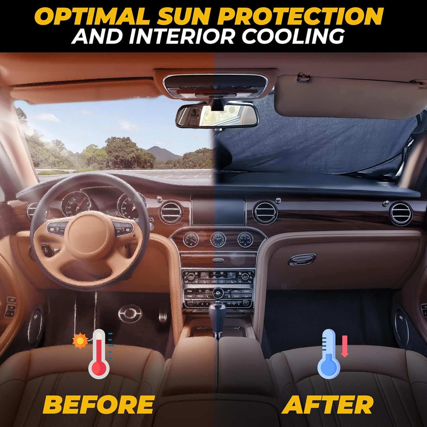 Windshield Sun Shade for Car, SUV & Truck – Patented Design Blocks 99% UV Rays & Heat | 240T Reflective Polyester Sunshade with Storage Bag | Keeps Vehicle Interior Cool | Universal Fit L(64" x 34")