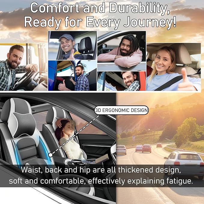 Car Seat Covers Fit for Toyota Highlander 2000-2025 | 7 Seat Car Seat Cover | No-Slip Waterproof Breathable Faux Leather Automotive Seat Covers Auto Interior Covers White Gray,Full Set with Pillow