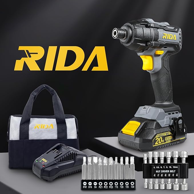 RIDA Cordless Brushless Impact Driver 180N.m, 20V Electric Impact Drill/Driver Set 1/4" All-Metal Hex Chuck,Variable Speed 2.0Ah Battery & Fast Charger, 25 Pcs S2 Bits & Tool Bag for Home DIY Use