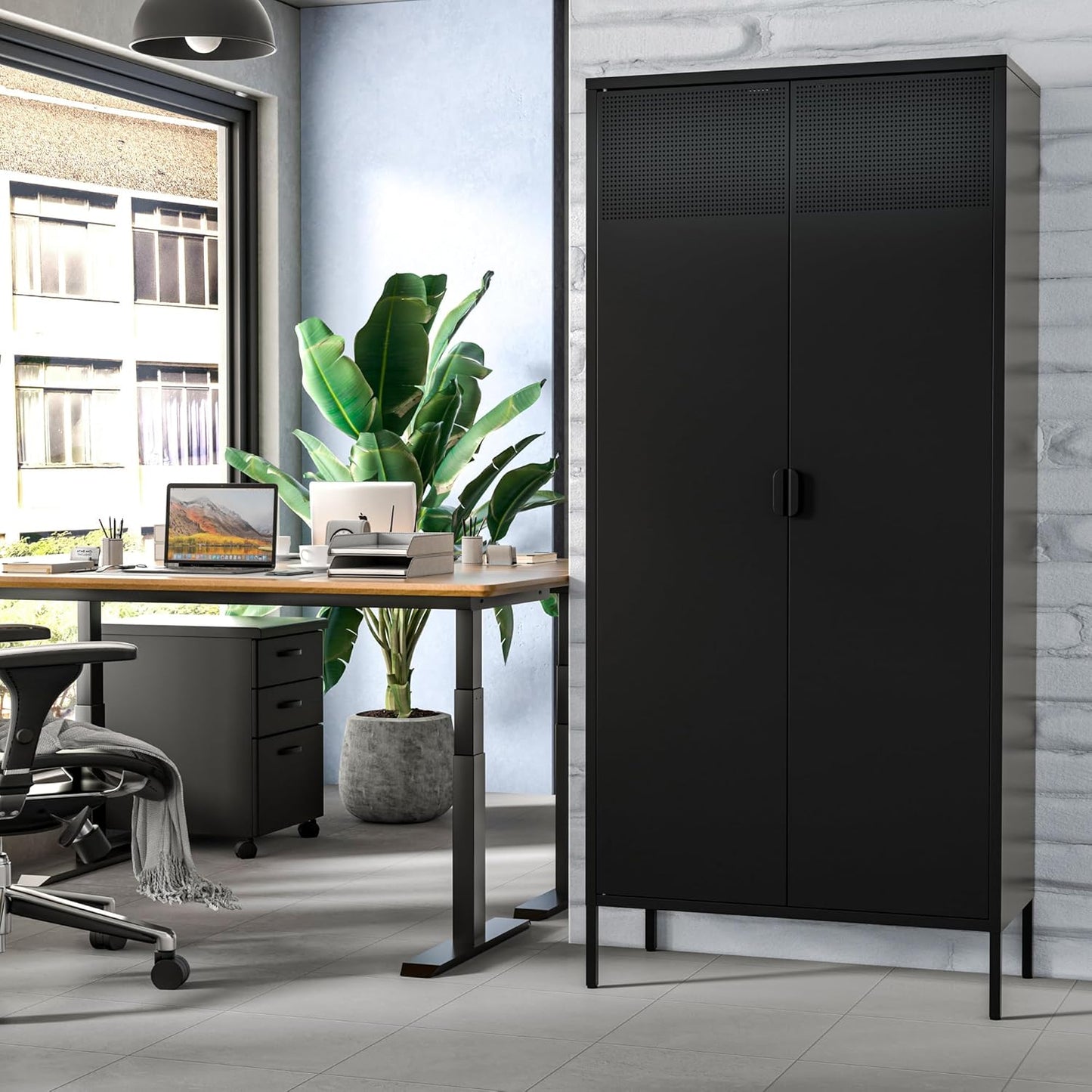 Metal Storage Cabinets with Adjustable Shelves,Pantry Kitchen Storage Cabinets,Floor Storage Cabinet for Kitchen, Laundry Room, Home Office, Kids Room (Black, 61''H)