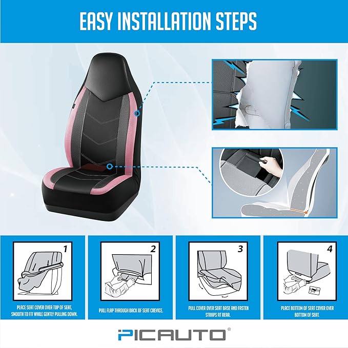 PIC AUTO Leather Car Seat Covers, Sports Carbon Fiber & Mesh Design, High-Back Front & Rear Full Set, Waterproof Automotive Seat Covers, Airbag Compatible, Universal Fit for Most Cars (Black & Pink)