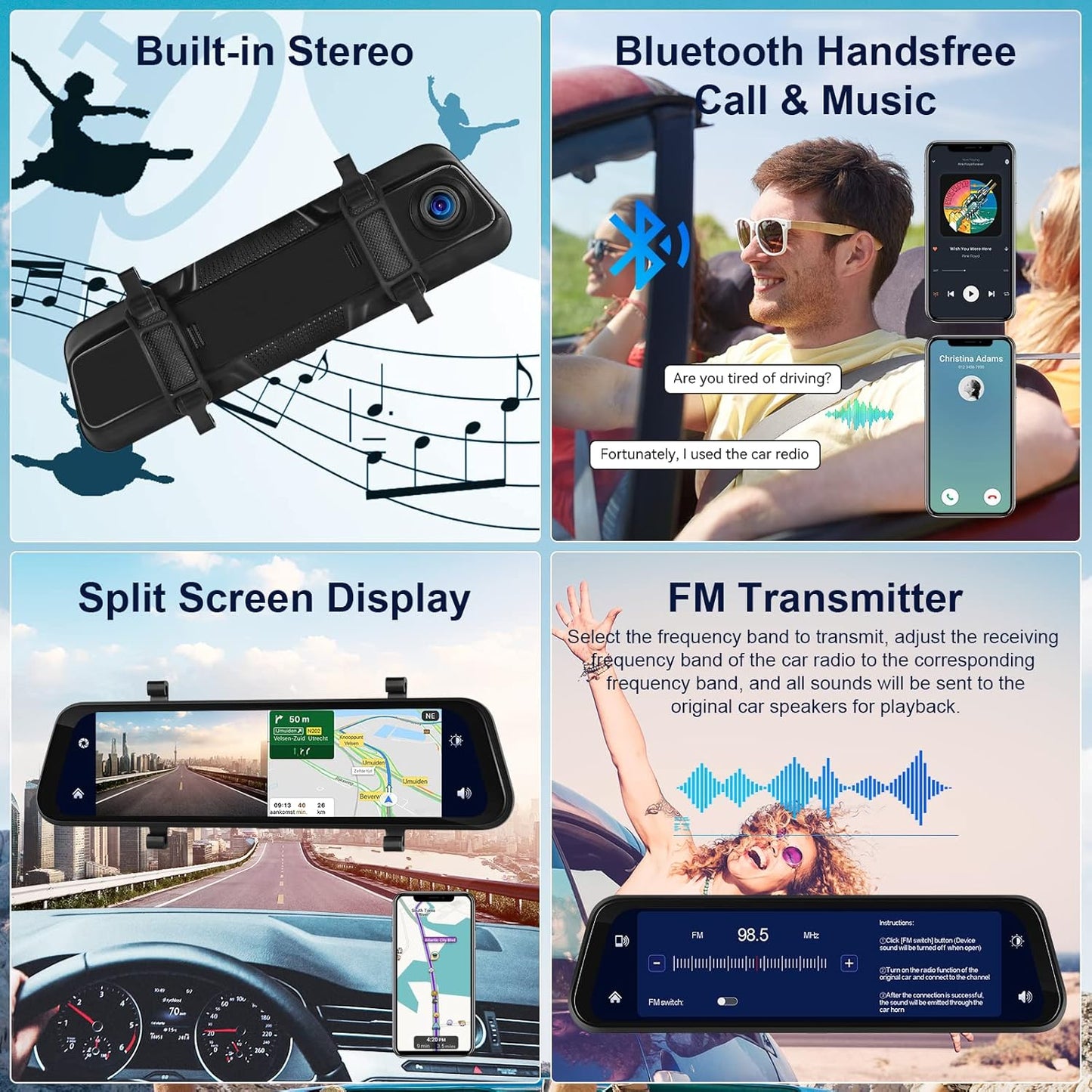 Car in-Mirror Mounted Dash Cam with Front & Rear View Camera Wireless Carplay Android Auto Car Driving Recorder with 9.66 Inch IPS Touchscreen Support DVR Voice Control Bluetooth Call FM Transmitter