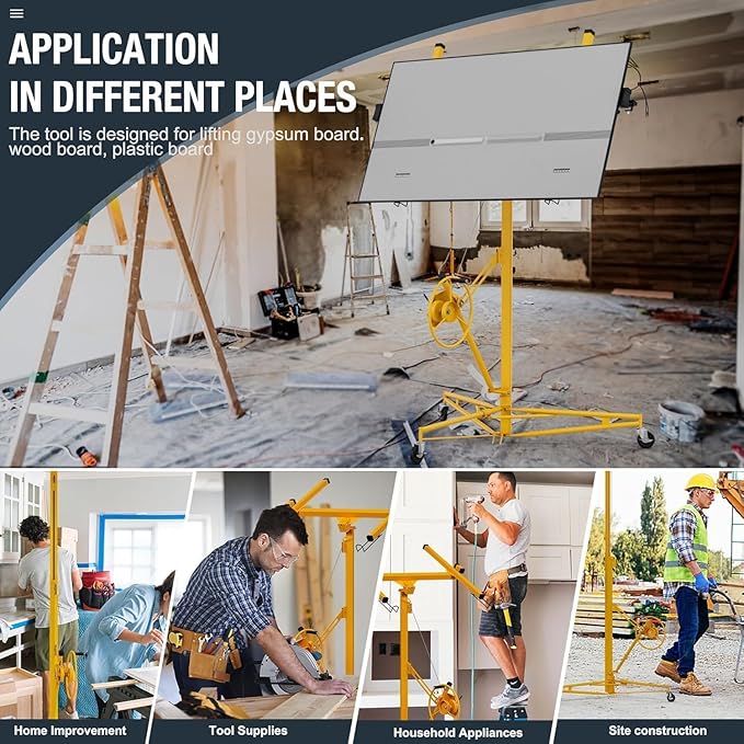 13FT Drywall Lift Sheetrock Lift, 150LBS Capacity, Drywall Lift Panel Hoist with Telescopic Arm, Drywall Jack Lift with 3 Lockable Wheels for Home Improvement Classic, 4'x16' Panel Size, Yellow