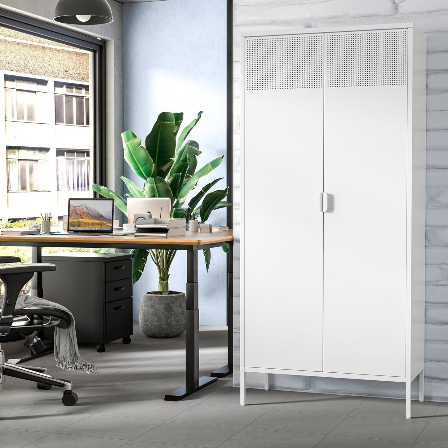 Metal Storage Cabinet with Adjustable Shelves, White, 61''H x 27.56''W 13.78''D, for Kitchen, Laundry Room, Home Office, Kids Room