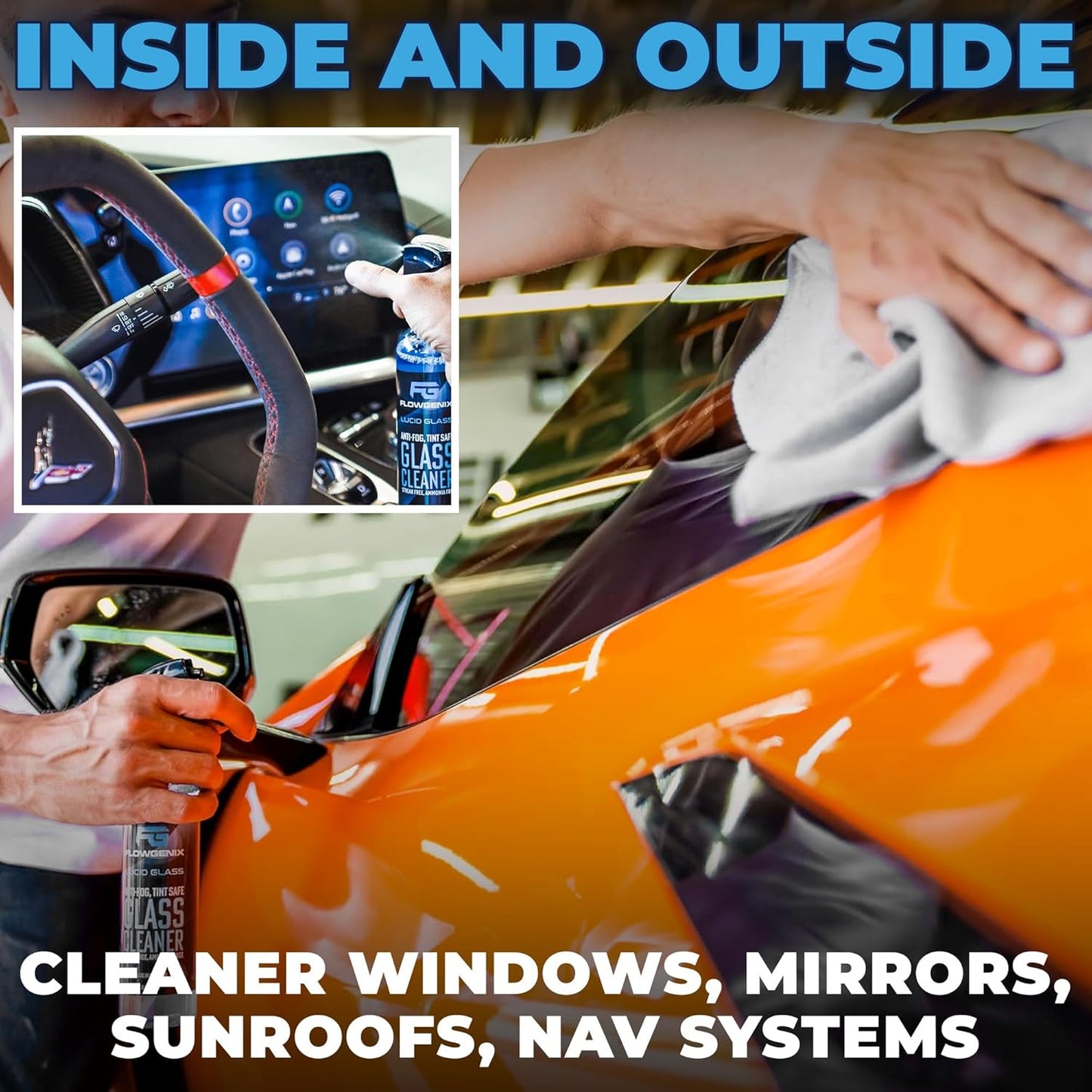 Window and Glass Cleaner Streak Free for Cars - Ammonia Free, Tinted Window Safe, Auto Glass Cleaner for Windows, Mirrors, Navigation Screens; Car, Truck, SUV and Home Use