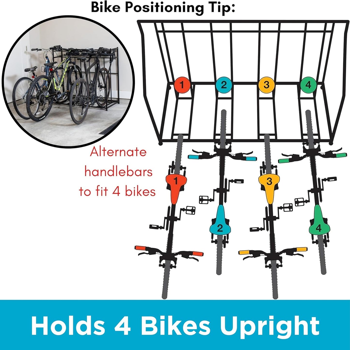 BIRDROCK HOME Bike Rack Garage Storage Floor Stand - Freestanding Organizer for Outdoor Yard - Upright Wall Mount for Scooters, Rakes, Motorcycles, Hoverboards, Gloves - Holds 4 Bicycle - Black