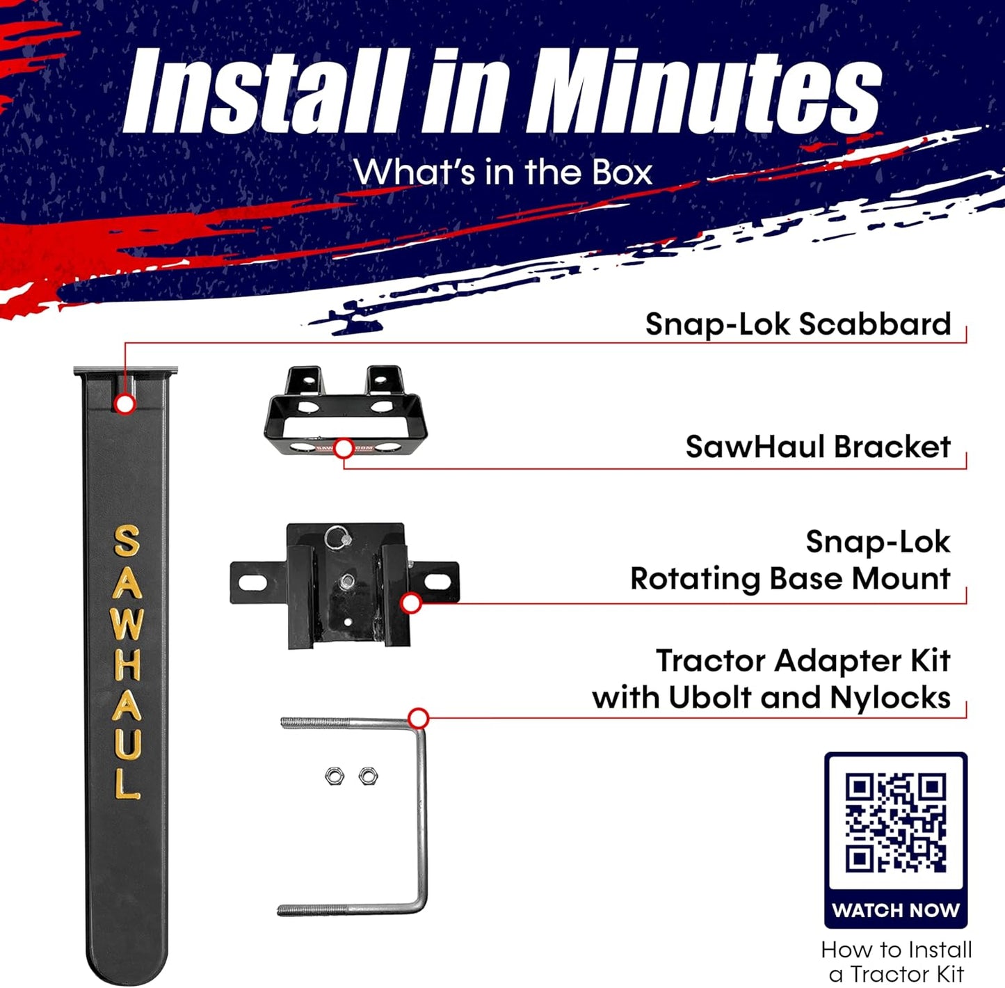 SawHaul Snap-Lok Universal Chainsaw Carrier Kit for Tractors and Skid Steers – 36 Inch Yellow Scabbard with Rotating Mount – Compatible with All Chainsaw Brands – Made in USA