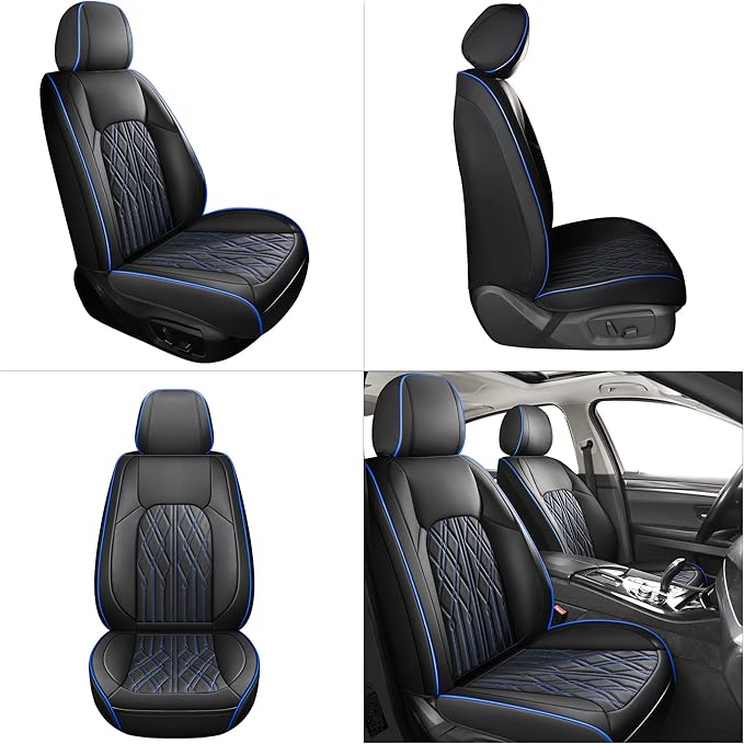Huidasource Car Seat Covers Full Set, Leather Vehicle Cushion Covers, Universal Fit Most Car Sedan SUV Pickup Truck, Fit for Acura Honda City Nissan Altima Mazda Hyundai Audi (Full Set/Black&Blue)