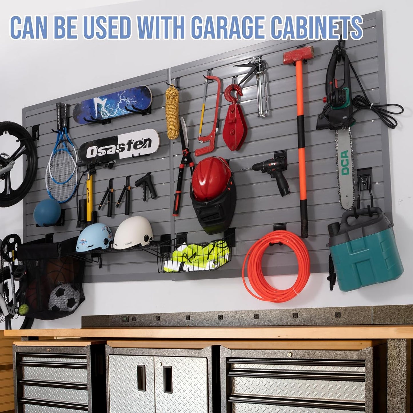 Slatwall Panels 4'x 4' Garage Slat Wall Storage Systems, Slat Wall Paneling Garage Wall Organizer, Grey Slat Board PVC Wall Panels Slatwall Displays Garage Tool Organizer Wall Mount Ladder Bike Rack