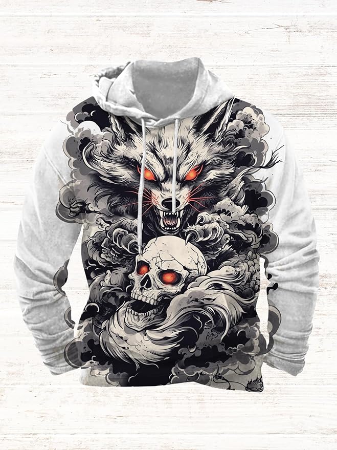 Mens Animal Print Graphic Hoodies Casual Long Sleeve Japanese Art Style Hooded Sweatshirt Lightweight Pullover Tops