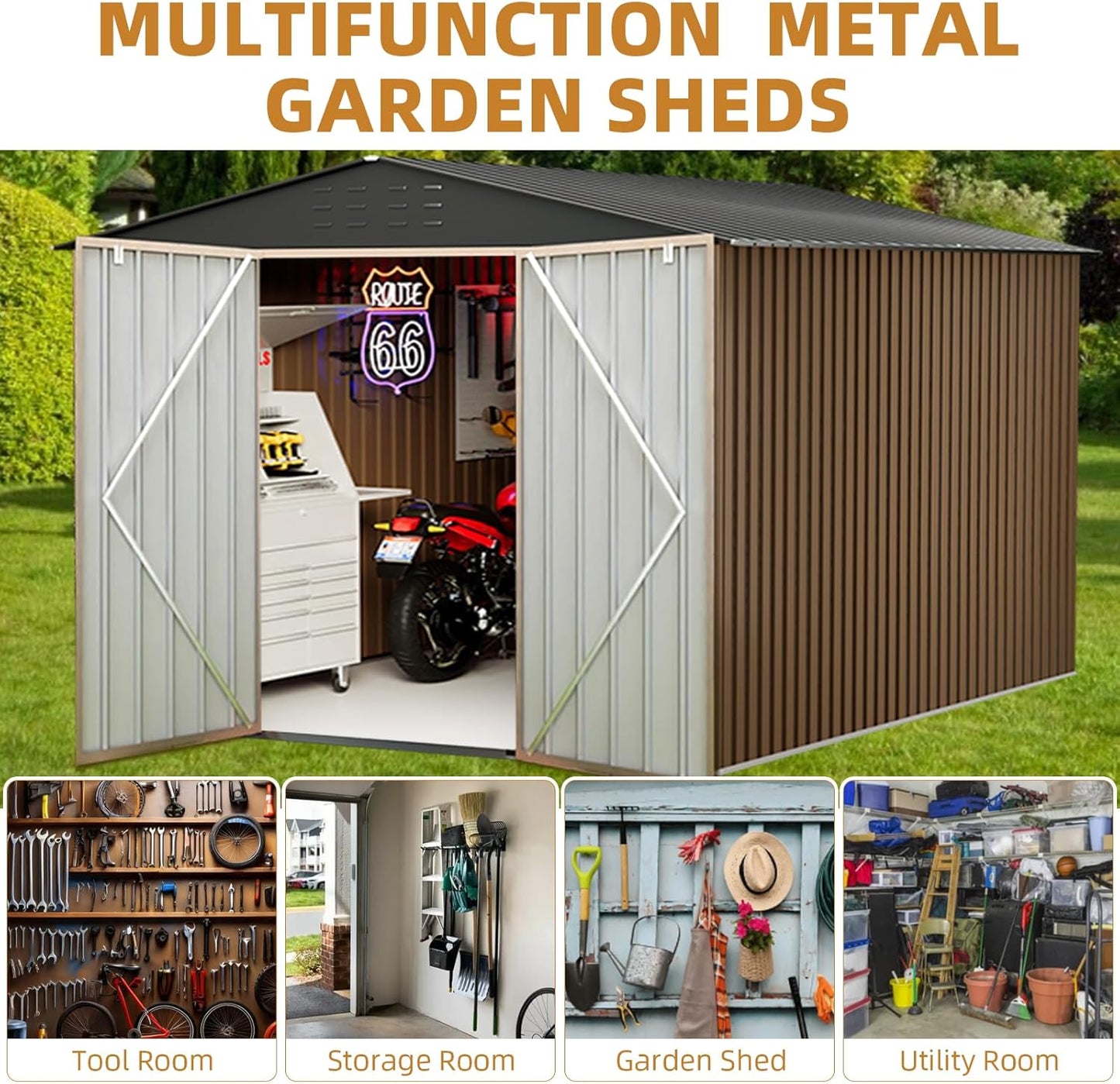 8X12FT Outdoor Metal Storage Shed, Lockable Weatherproof Garden Shed for Tools & Equipment, Durable Galvanized Steel with Sloping Roof & Ventilation, Ideal for Backyard, Patio & Garage Storage, Brown