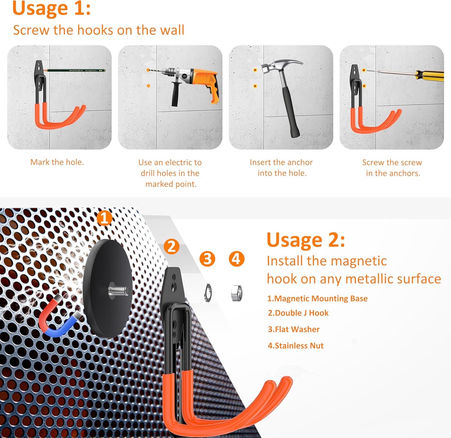 ENUODA Strong Magnetic Hooks Heavy Duty - Large Magnetic Tool Holder Utility Magnet Hanging Hook for Toolbox, Ladder, Broom, Shovel, Hose, Extension Cord, 2 PCS