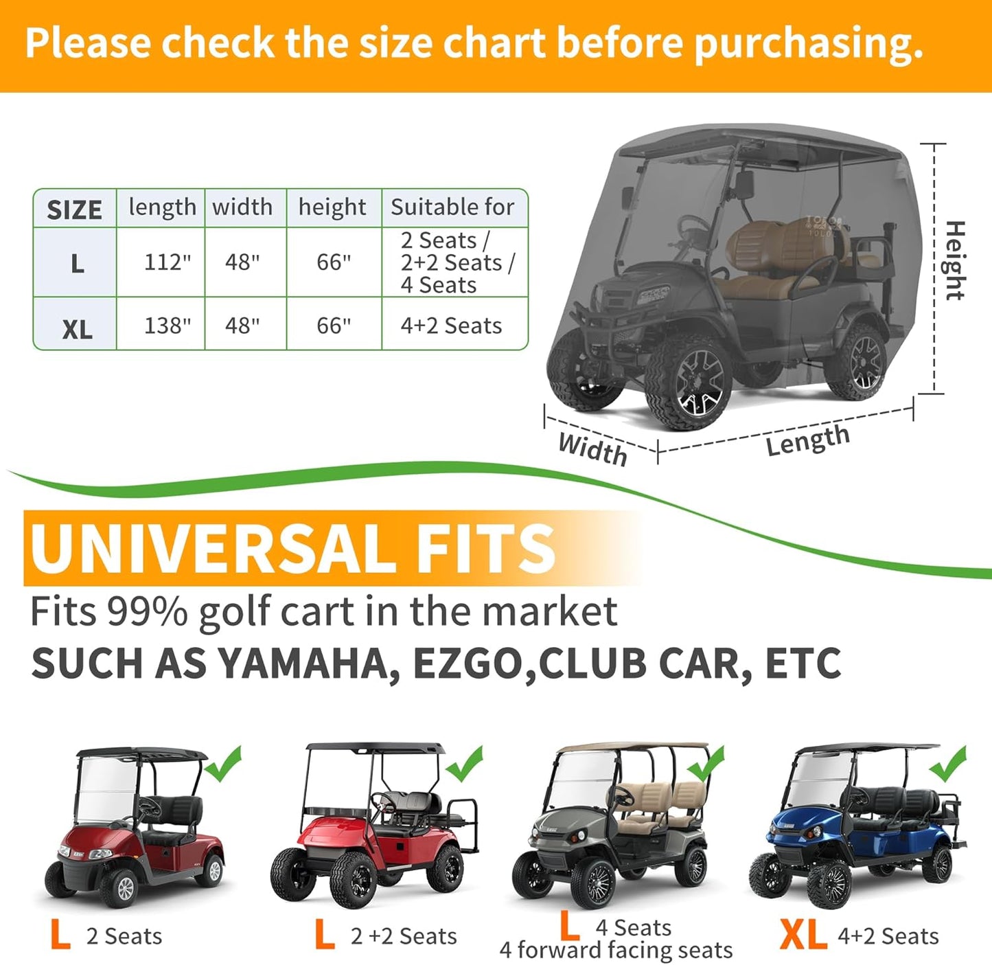 10L0L Heavy Duty Golf Cart Cover for 2/4 Passengers EZGO, Club Car and Yamaha, All Weather Outdoor Protection Weatherproof