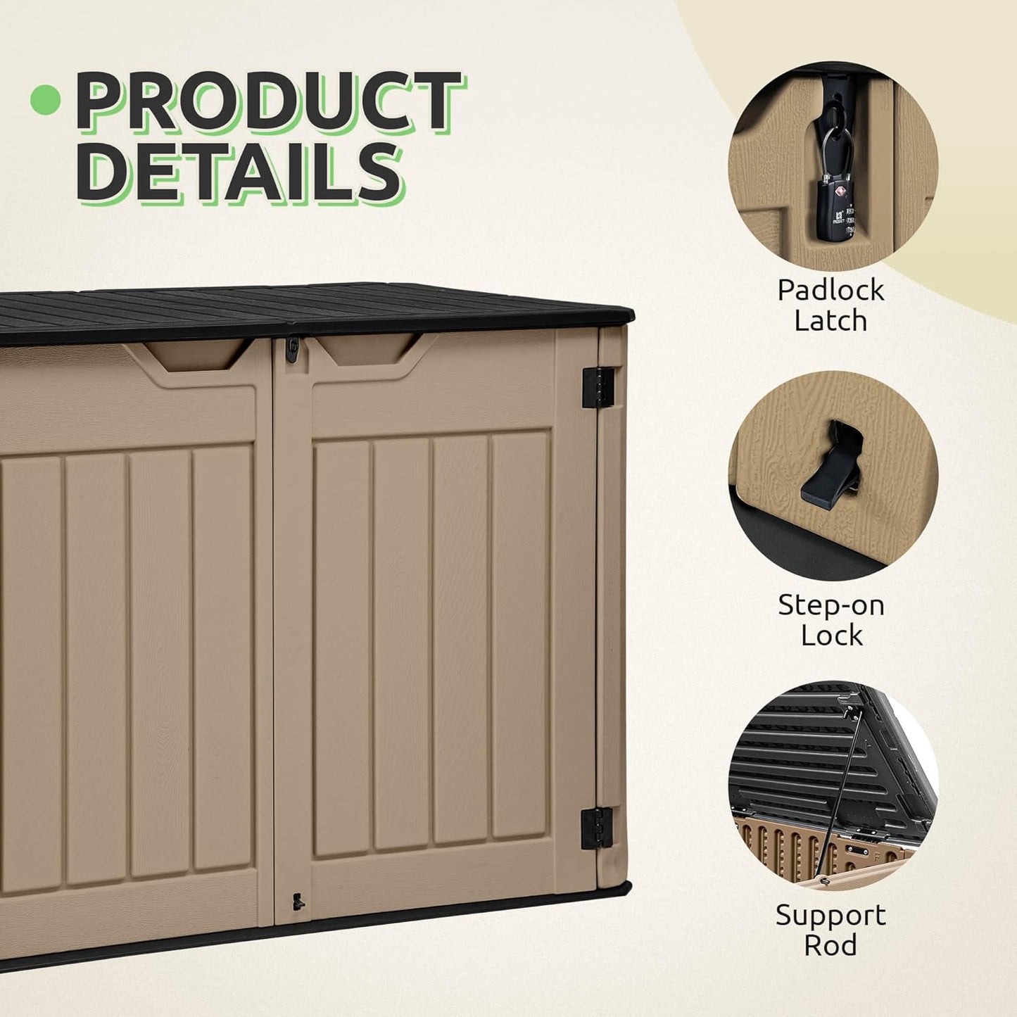 GOOBED 4.5x4ft Outdoor Horizontal Resin Storage Shed, 47 cuft Large Waterproof Tool Shed, No Shelf Included, Lockable, Easy Assembly (Brown)