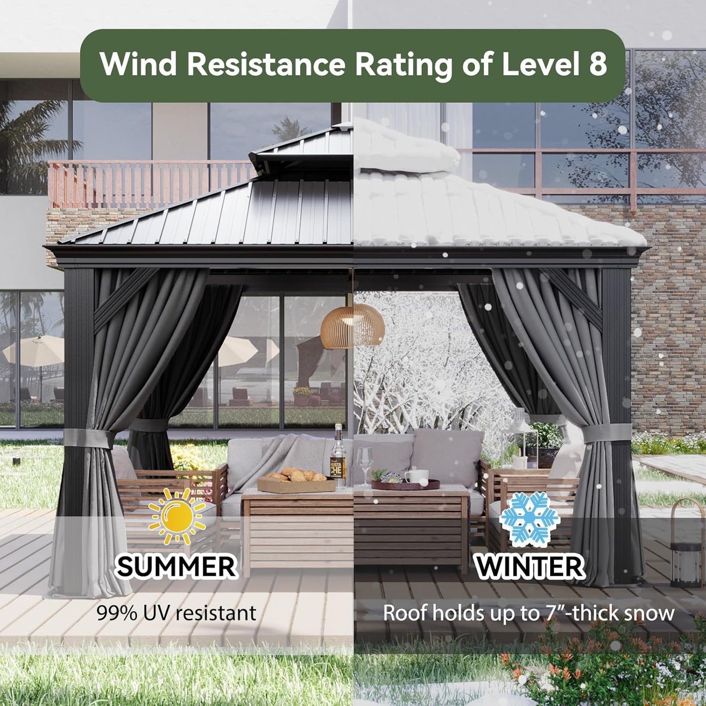 Aoxun 12' X 12' Hardtop Gazebo with Drainage System, Aluminum Outdoor Gazebo with Galvanized Steel Double Roof, Patio Permanent Metal Pavilion with Netting, for Garden, Deck, Grey