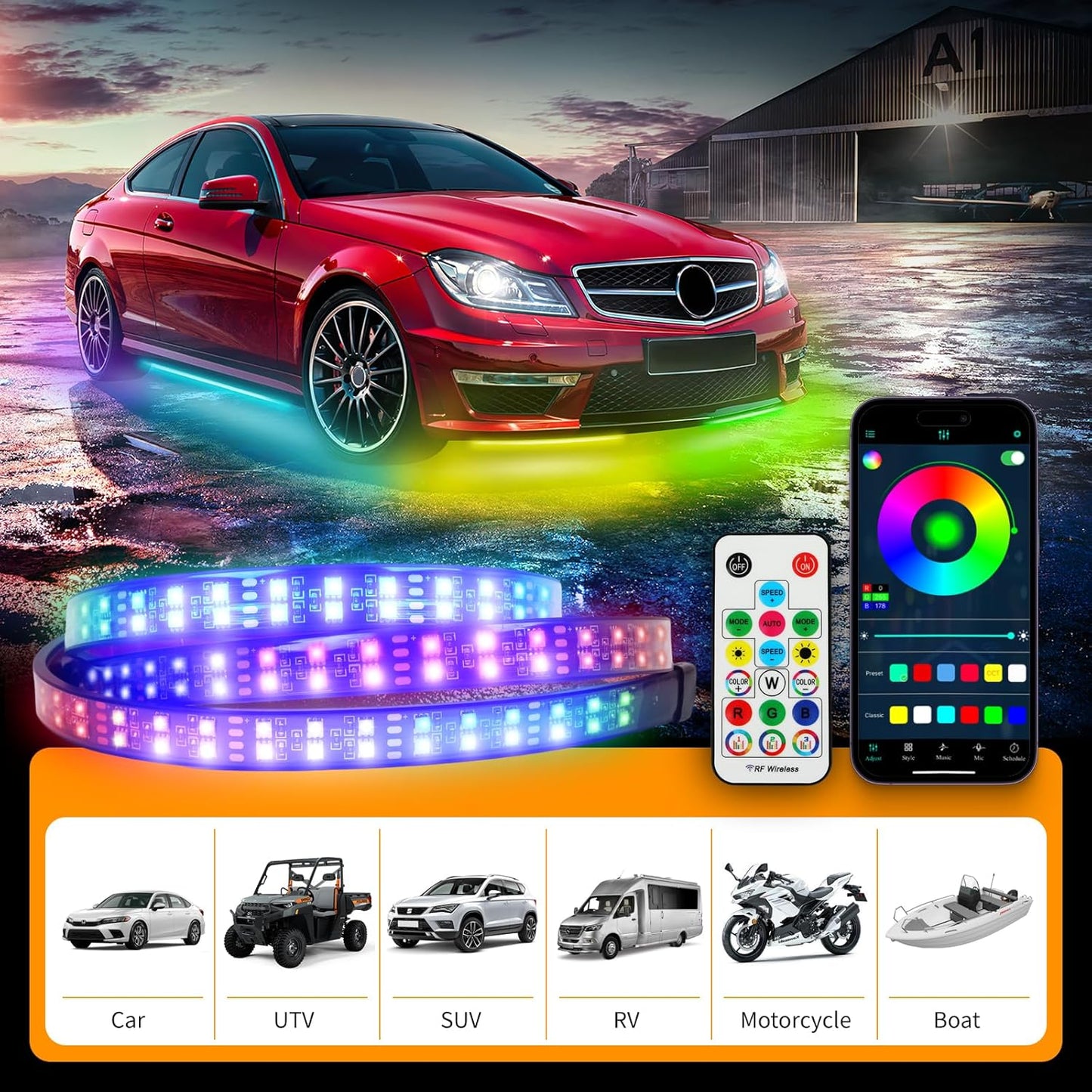 JMTBNO Car Underglow Neon Accent Strip Lights,6pcs Double Row Underglow Exterior Car Lights with APP Control Underbody Compatible with Chevy Silverado 1500 Ford F-150 F-250 F-350