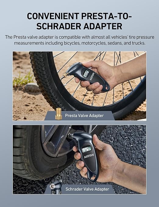 AstroAI Digital Tire Pressure Gauge 0-150PSI, Accurate in 0.1 Increments, Tire Gauge with Backlit LCD and Presta Valve Adaptor, 4 Units of Measurement for Car Truck Bicycle, Gray