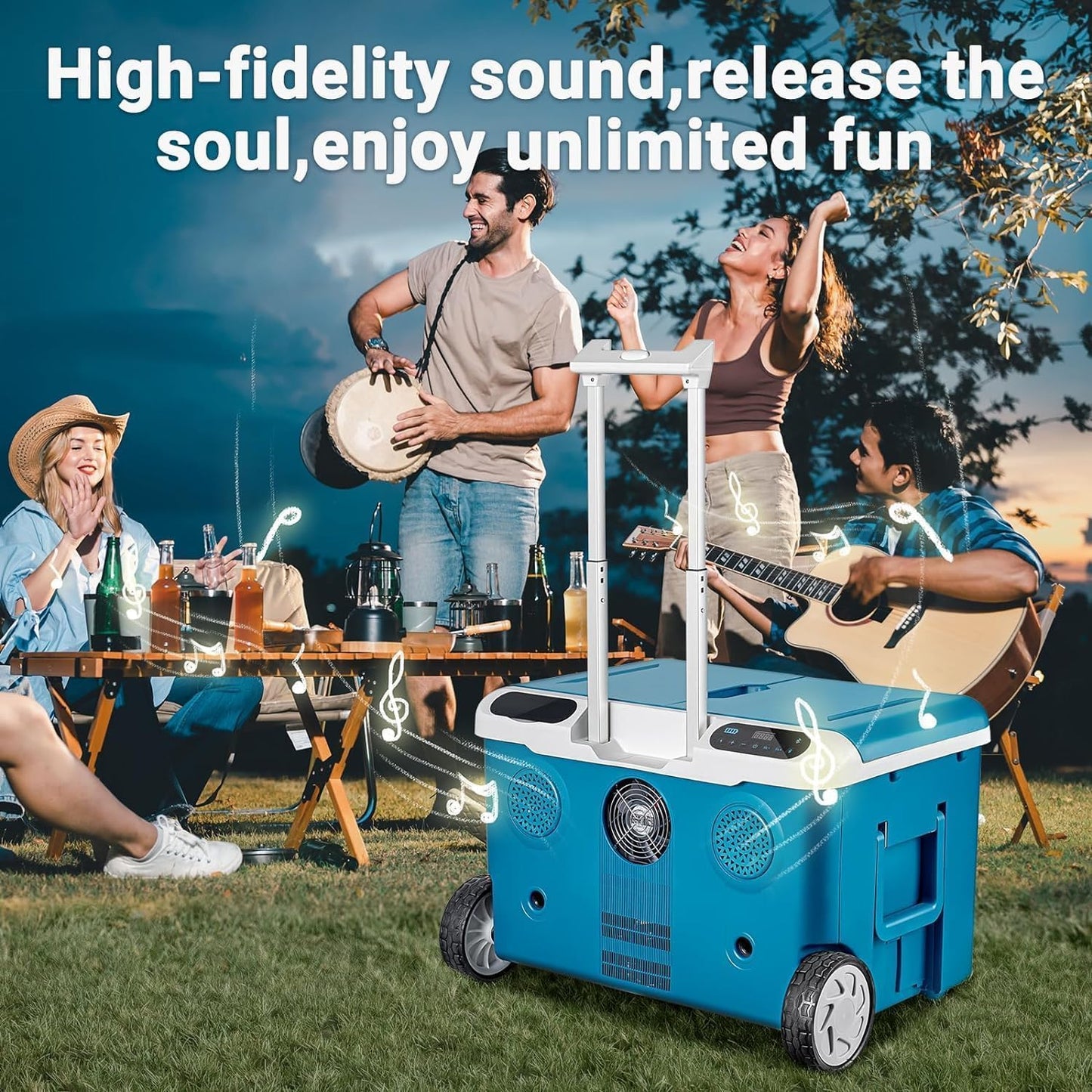 AAOBOSI Car Fridge, 42Quart(40L) Portable 12 Volt Car Refrigerator Cooler with Wheels&Bluetooth Speaker&Handle&Battery Powered, -4℉~68℉ with 12/24V DC,100-240VAC for Camping, Beach,Party,Pool,Travel