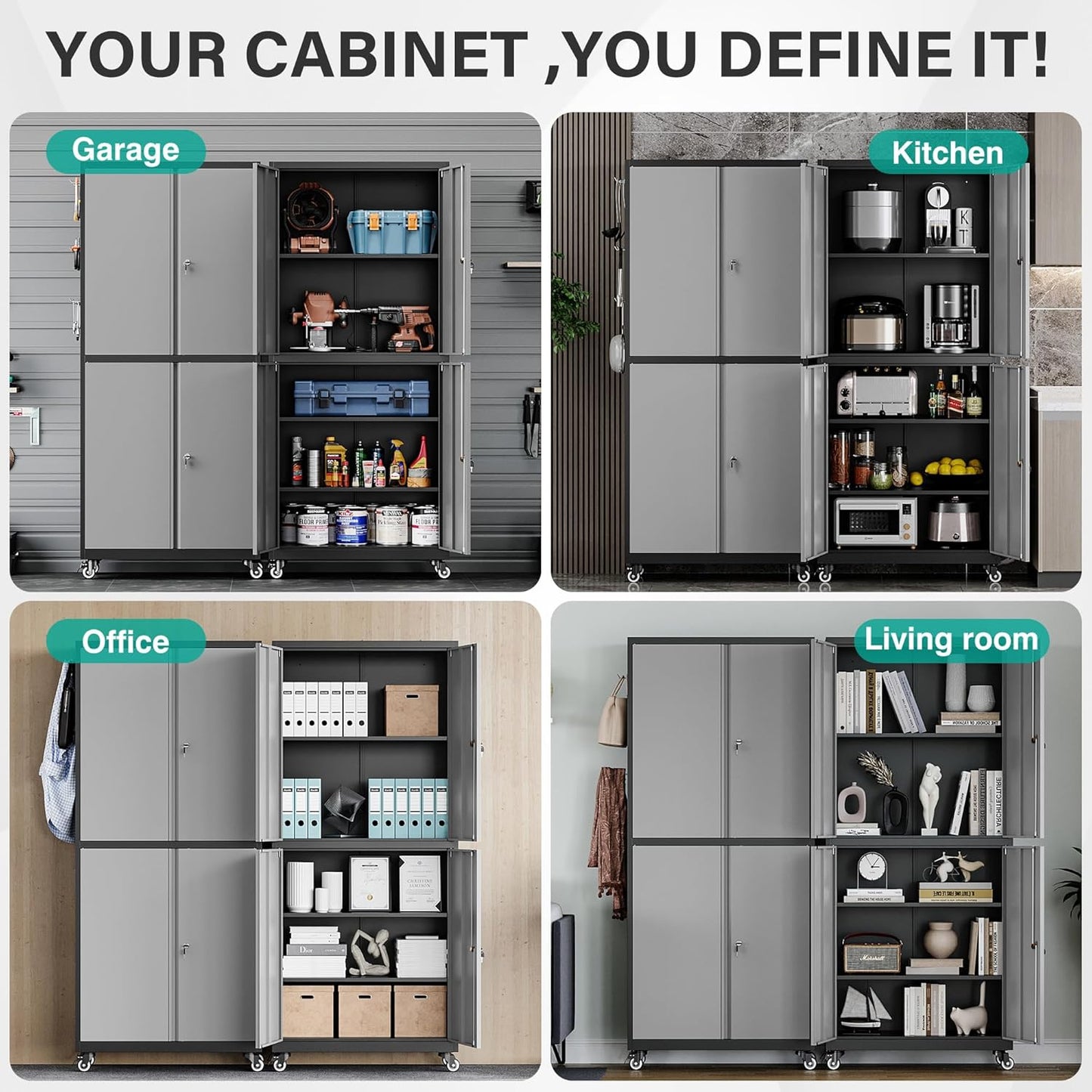 Metal Storage Cabinet with Wheels,Rolling Garage Storage Cabinet with Lock,Gray Lockable Metal Cabinets with Shelves,Tall Tool Cabinets on Wheels for Garage,Home,Office,Shop