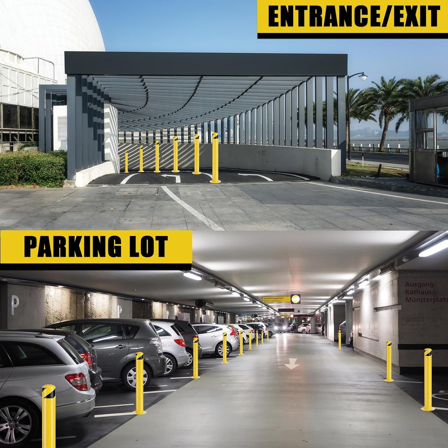 Safety Bollard Post, 48 Inch Height Steel Bollards, 4.5 Inch Diameter Parking Bollard, Yellow Powder Coated Safety Parking Barrier Post, for Traffic Sensitive Areas,3P