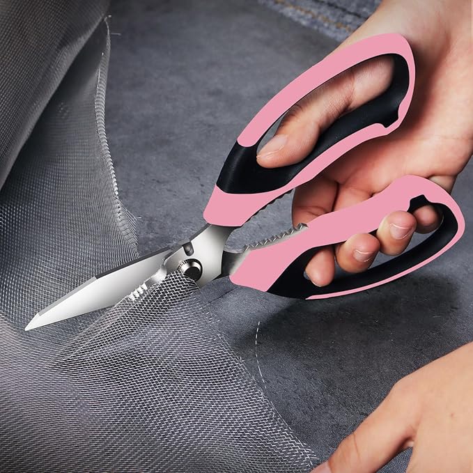8-Inch Utility Scissors All Purpose Heavy Duty, Serrated Blade, Pink Comfort Grip for Cutting Carpet, Cardboard, Leather, Fabric, Multipurpose Sharp Shears for Kitchen, Garden, Office, Carft