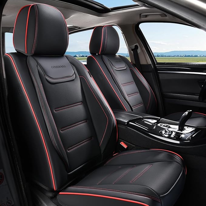 Coverado Car Seat Covers Full Set, Seat Covers for Cars, Car Seat Protector Waterproof, Leather Cushion, Universal Car Interior Covers Seat Protectors for Most Cars Black-Redline