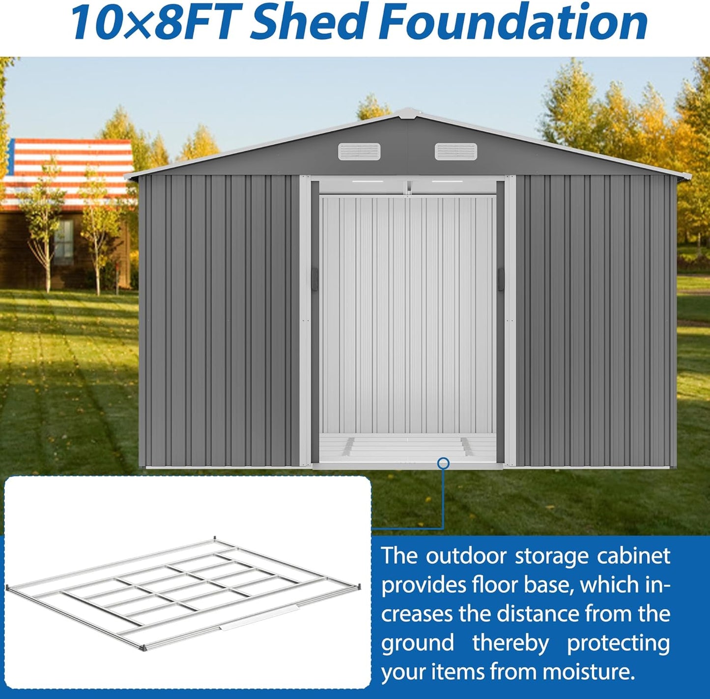 10X8 FT Outdoor Metal Storage Shed with Lockable Door & Floor Frame, Heavy-Duty Garden Tool Shed, Weatherproof Steel Utility Shed for Backyard, Patio, or Lawn Organization