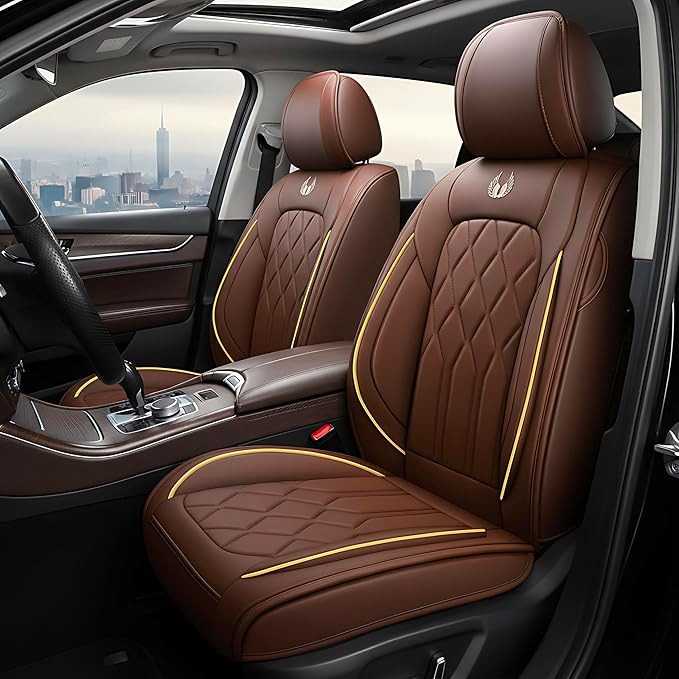 OASIS AUTO Car Seat Covers Full Set Premium Waterproof Faux Leather Cushion Universal Accessories Fit SUV Truck Sedan Automotive Vehicle Auto Interior Protector (OS010-Brown)