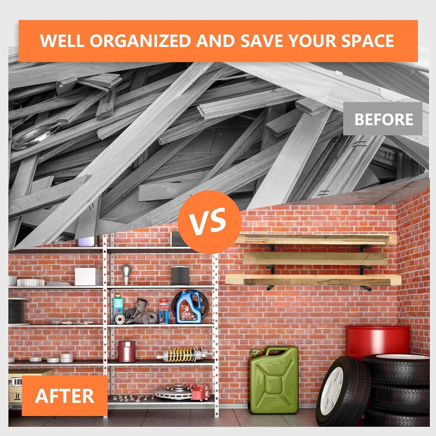 4 Pack Wood Organizer and Lumber Storage Rack Wall Mount, Heavy Duty Wood Storage Organizer Racks with 3-Level System for Garage, Workshop, Basement, Holds Up 220 LBS Per Level (Black)