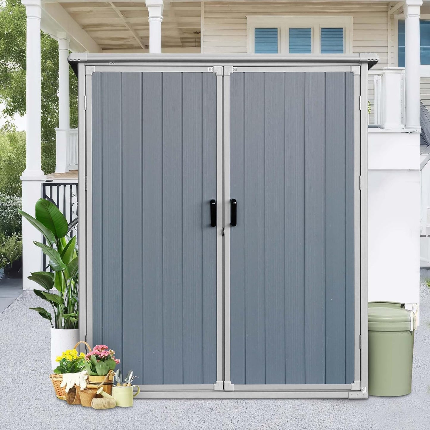 5 X 3 Ft Outdoor Storage Shed with Floor, Weatherproofing Garden Tool Shed with Lockable and Sloping Roof Design, Outdoor Resin Shed Cabinet for Backyard Patio and Garden (White+Gray)