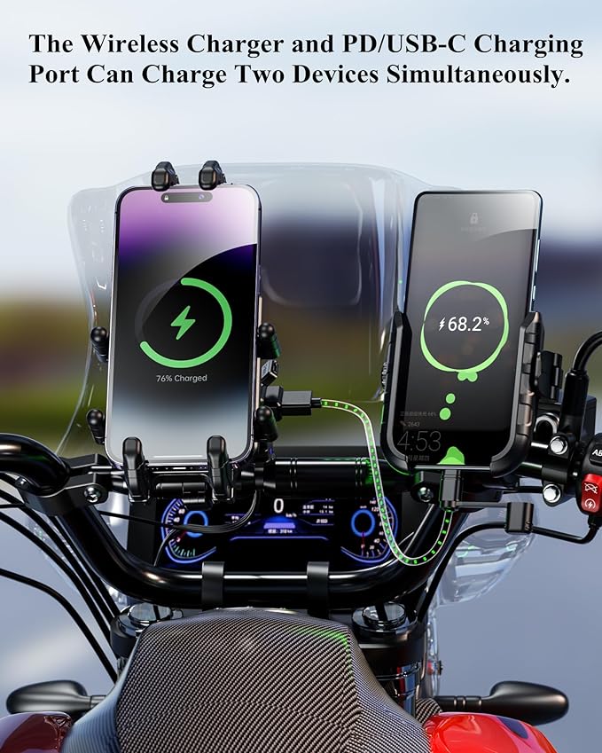 BRCOVAN Motorcycle Phone Mount Holder with Qi 15W Wireless Charger & 30W PD/USB-C Fast Charging Port, Anti-Theft Handlebar Cellphone Cradle with Vibration Dampener, Adjustable for 5.4-7.2'' Smartphone