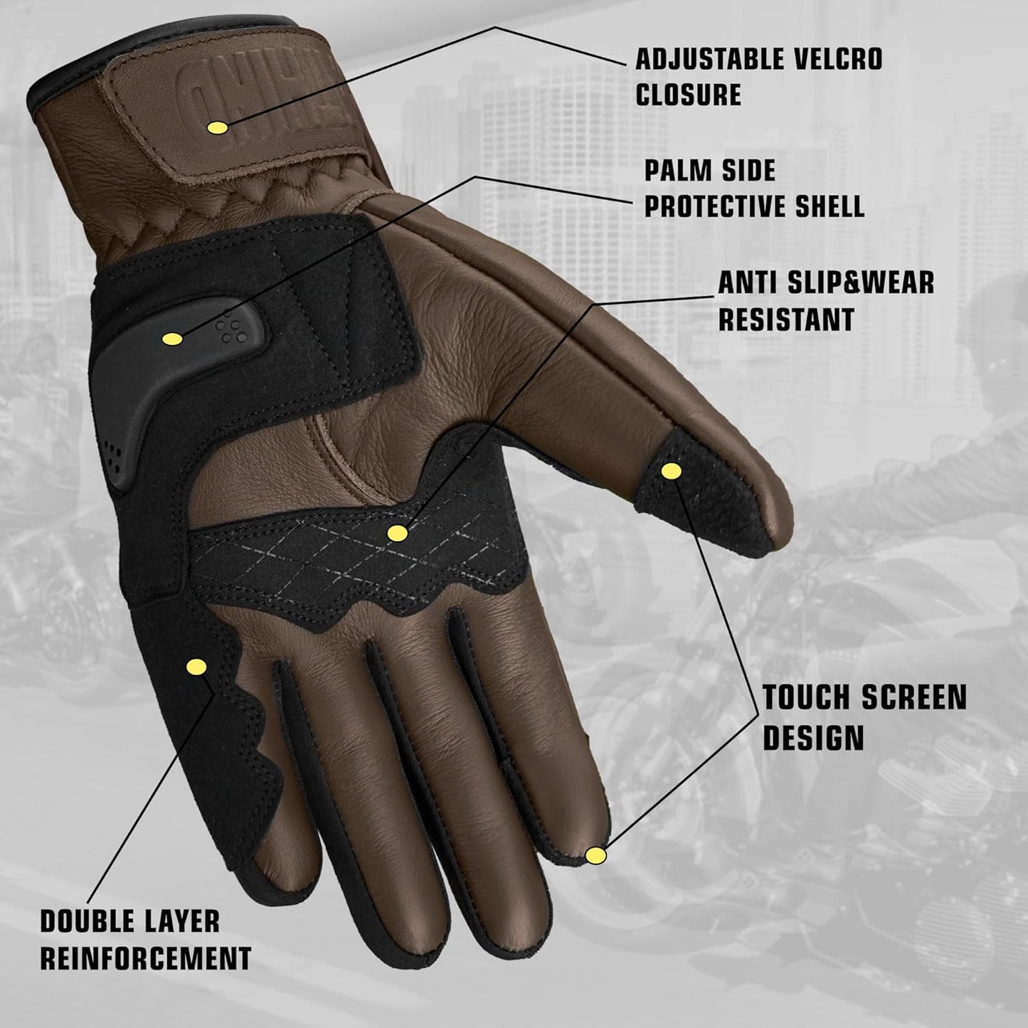 Leather Motorcycle Gloves for Men and Women | Touchscreen | Full Finger | Goatskin Leather Hard Knuckle Motorcycle Riding Gloves (Classic Brown, X-Large)