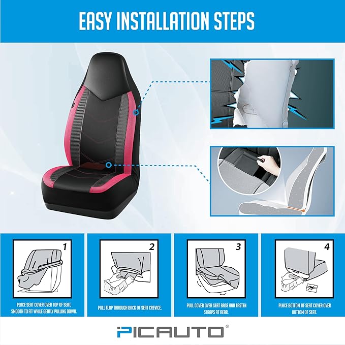 PIC AUTO Leather Car Seat Covers, Sports Carbon Fiber & Mesh Design, High-Back Front & Rear Full Set, Waterproof Automotive Seat Covers, Airbag Compatible, Universal Fit for Most Cars (Black&HotPink)