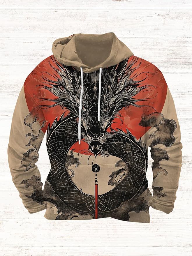 Mens Animal Print Graphic Hoodies Casual Long Sleeve Japanese Art Style Hooded Sweatshirt Lightweight Pullover Tops