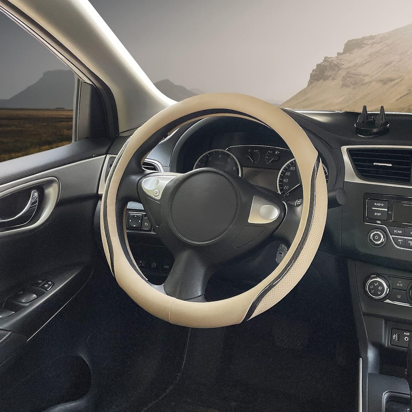 Car Steering Wheel Cover Beige, 14.5-15 inch Steering Wheel Covers with Coasters Microfiber Leather Carbon Fiber Breathable Anti-Slip Durable Universal Auto Steering Wheel Protective