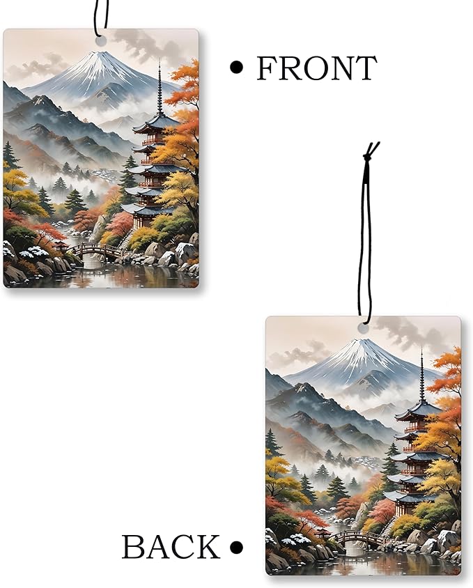 Vintage Boho Japanese Landscape Car Air Freshener 4 Pcs, Mist Mountain Forest Temple Hanging Scents Air Freshener for Women Men Gifts, Retro Scented Car Accessories Decor for Room Closet Drawer