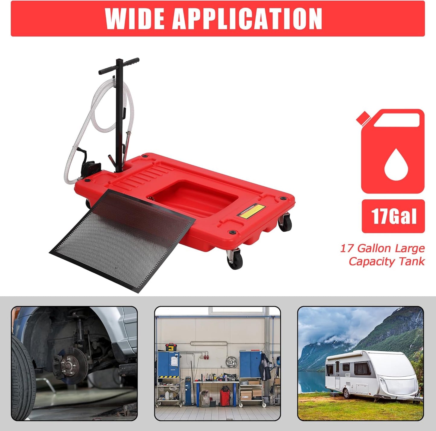 17 Gal Low Profile Oil Drain Pan, Heavy Duty Mobile Oil Changing Pan with Hand Pump, 8 Ft Hose & Quick Drain Valve, Leak-Proof Design for Truck Car Motorcycle, Garage Workshop Use