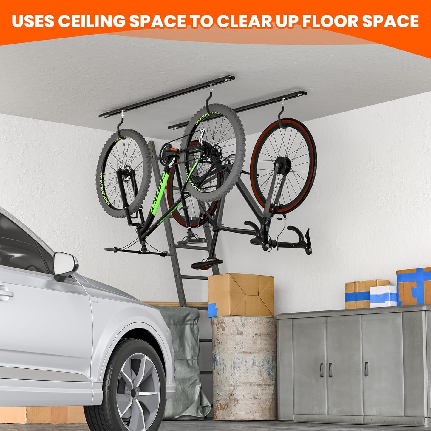 Ultrawall Ceiling Bike Rack for Garage, Indoor Bike Hanger with 6 Adjustable Bike Hooks for up to 3 Bikes (Horizontally), 6 Bikes (Vertically)
