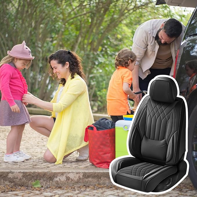 Car Seat Covers Front Seats Black, Luxury Leather Automotive Seat Covers with Lumbar Support, Waterproof Car Seat Protector Universal Fit for Most Cars Trucks Pick-ups SUVs